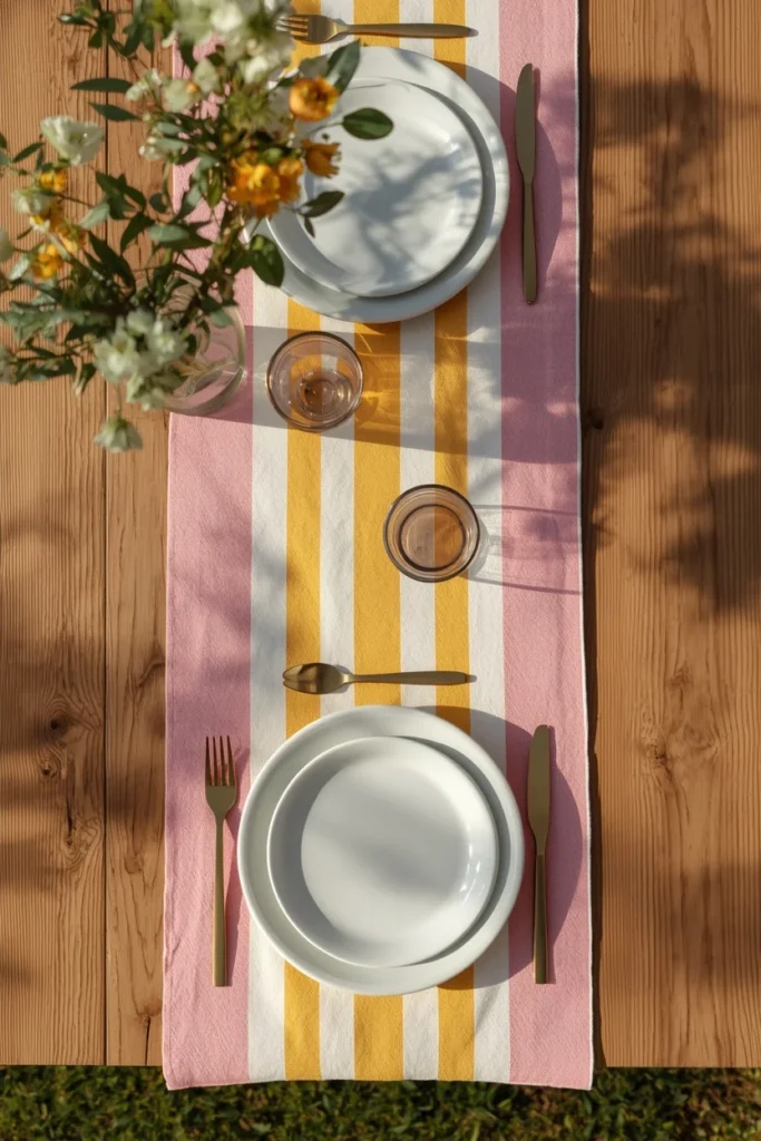  outdoor dining table close-up, featuring a candy-striped linen table