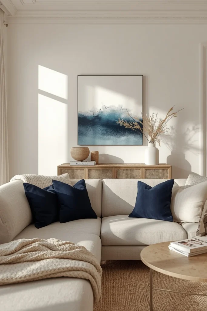 coastal living room, featuring a warm white wall with deep navy accent pillows 