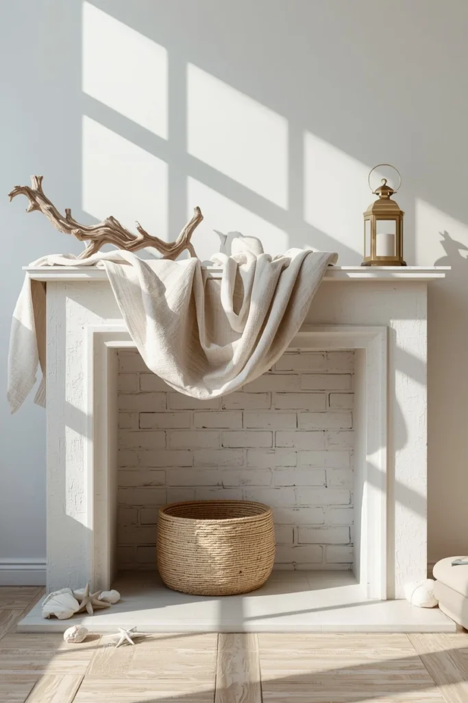 fireplace mantel, featuring natural linen draped across the surface