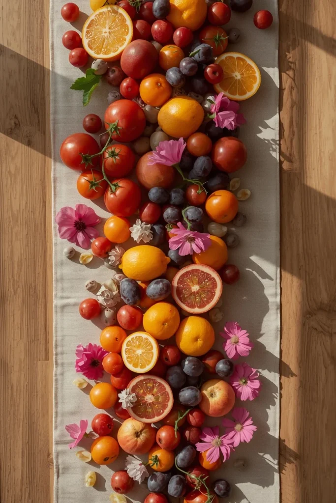  summer table centerpiece featuring scattered grapes, cherry tomatoes