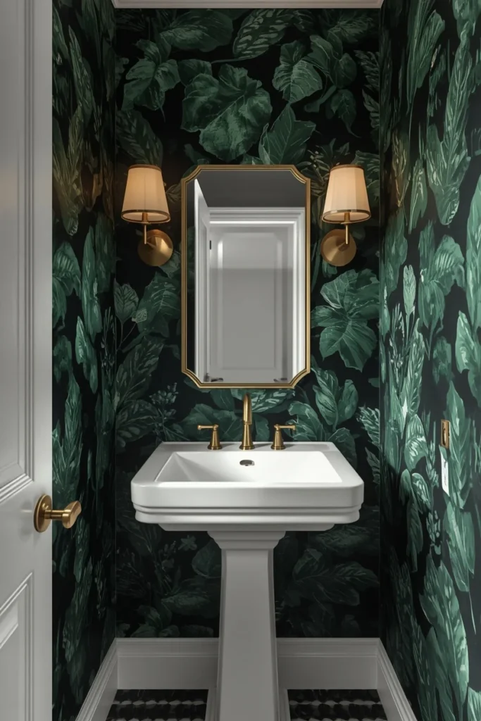  small powder room, featuring floor-to-ceiling dark green oversized botanical leaf wallpaper, 