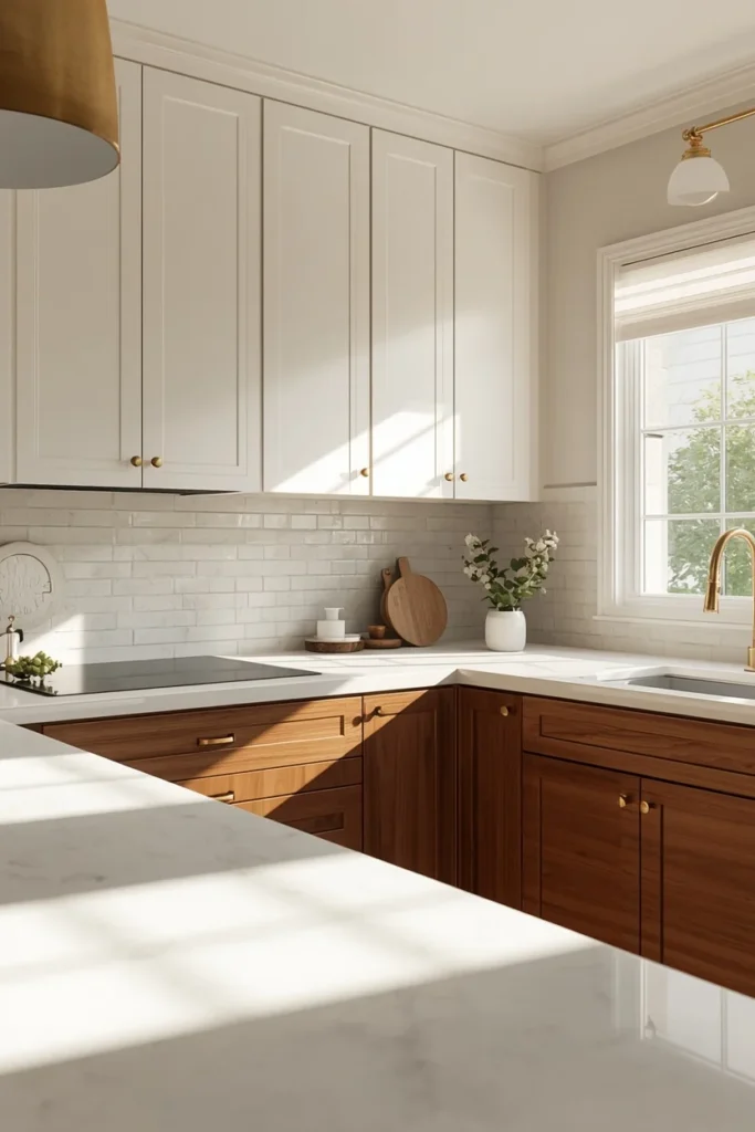 warm white shaker upper cabinets and rich walnut lower cabinets