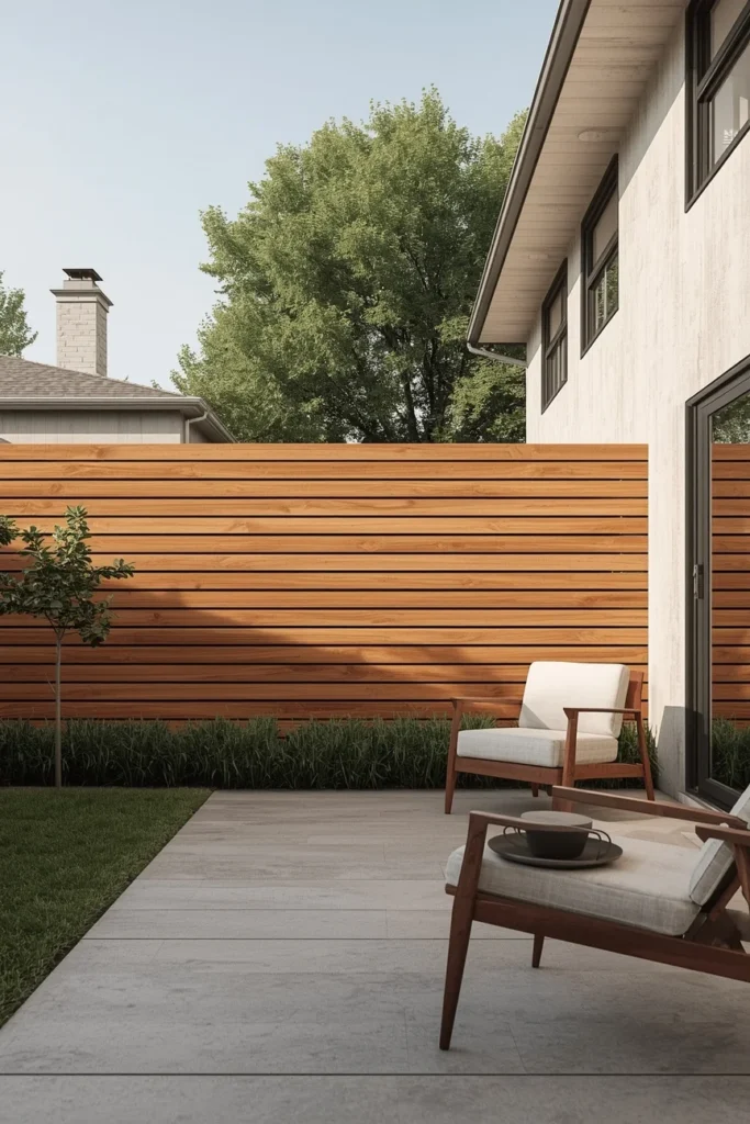  backyard exterior, featuring a horizontal cedar slat privacy fence