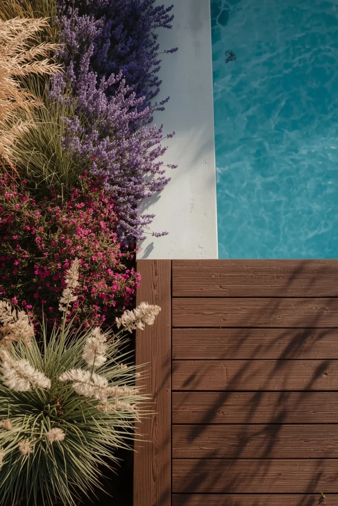 Above ground pool deck bordered by a lush flower bed 
