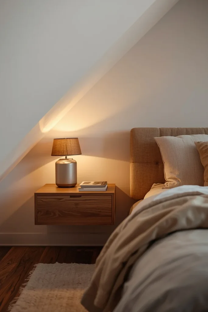  attic bedroom detail shot, featuring a floating wood nightstand 