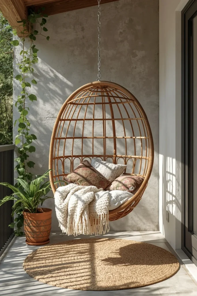 17 Back Patio Ideas That Transform Any Outdoor Space Into a Cozy Retreat 11 patio corner, featuring a hanging rattan swing chair