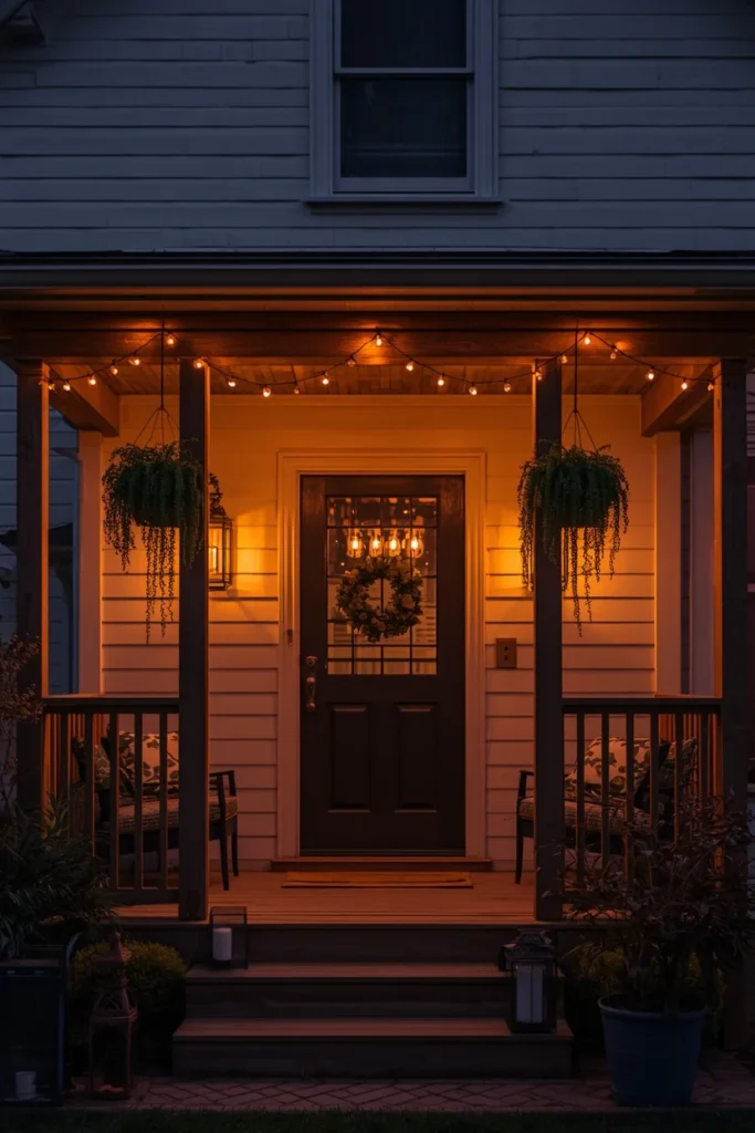 18 Back Porch Ideas That Make Outdoor Living Feel Like Pure Heaven 11 ack porch at dusk with warm string lights