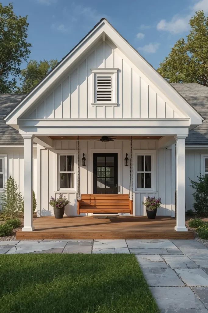  farmhouse pool cottage, featuring white board-and-batten siding
