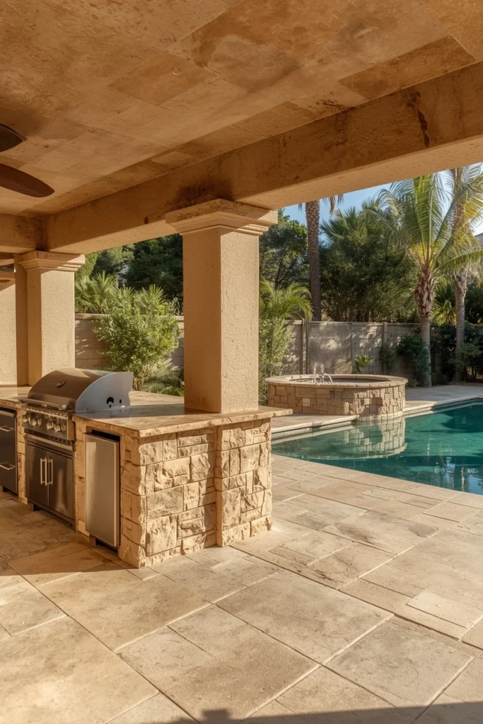  backyard pool, featuring a sunken dry lounge with a central fire bowl