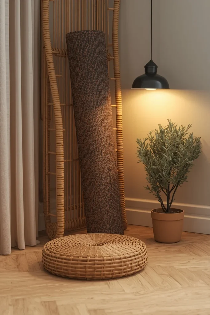  basement wellness corner, featuring a rolled yoga mat 