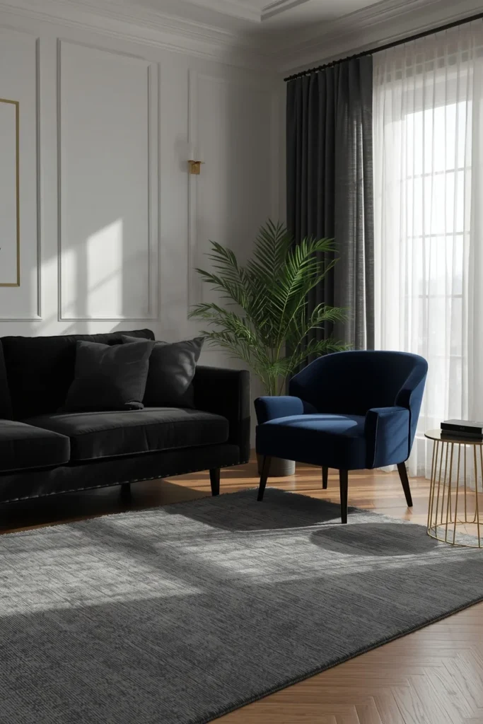  living room, featuring a black sofa beside a navy accent chair,