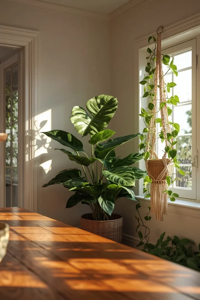 16 Boho Dining Room Ideas That Are Colorful, Layered & Totally Stunning 11 dining room, featuring a large fiddle leaf fig