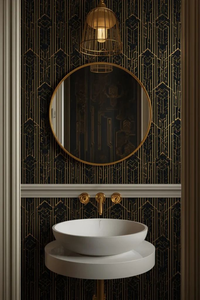 powder room, featuring black gold and cream Art Deco geometric wallpaper,
