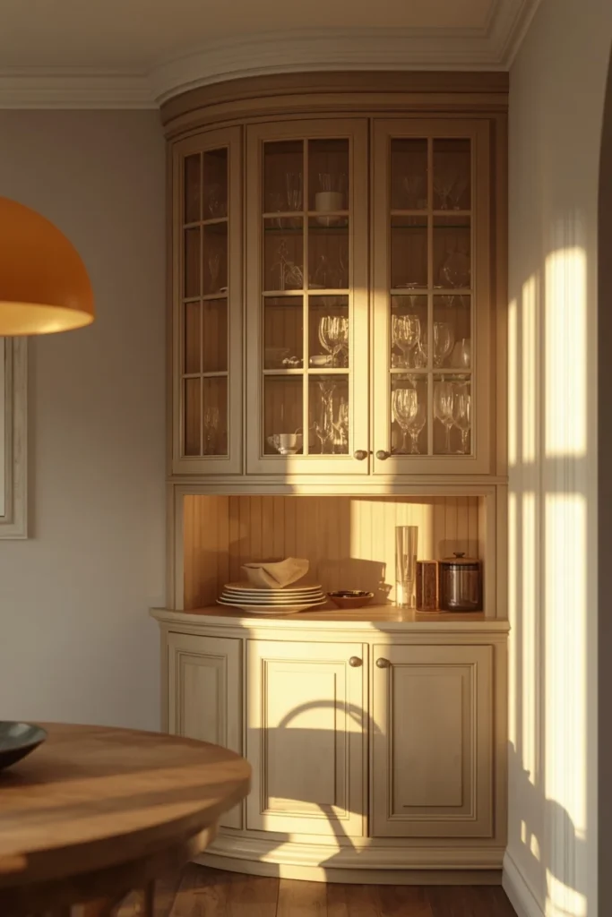 17 Built-In Dining Room Cabinet Ideas That Are Beautiful & Super Practical 11 dining room corner built-in, featuring a curved cabinet