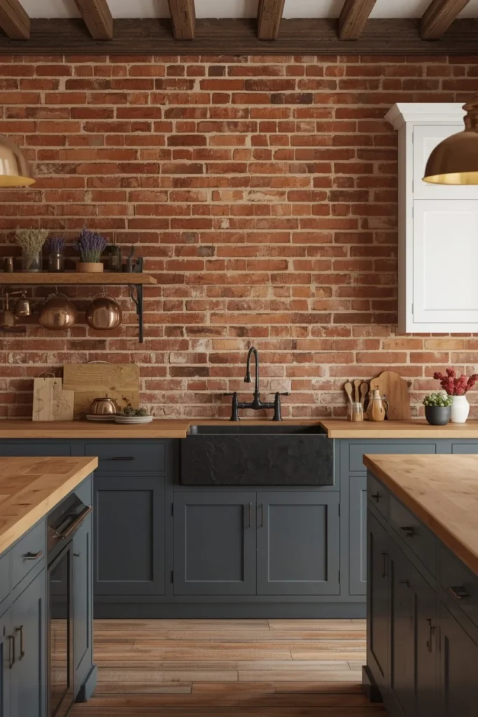  Exposed Brick in Warm Red-Orange country kitchen