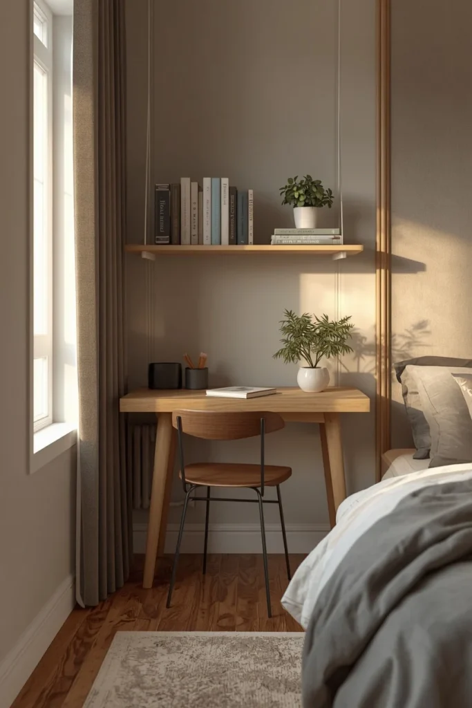bedroom study nook, featuring a small wood desk