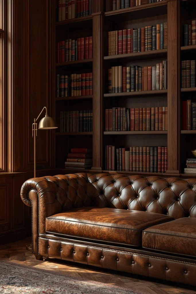24 Dream Home Library Ideas That Are So Beautiful They'll Take Your Breath Away 11 home library, featuring a worn leather chesterfield sofa