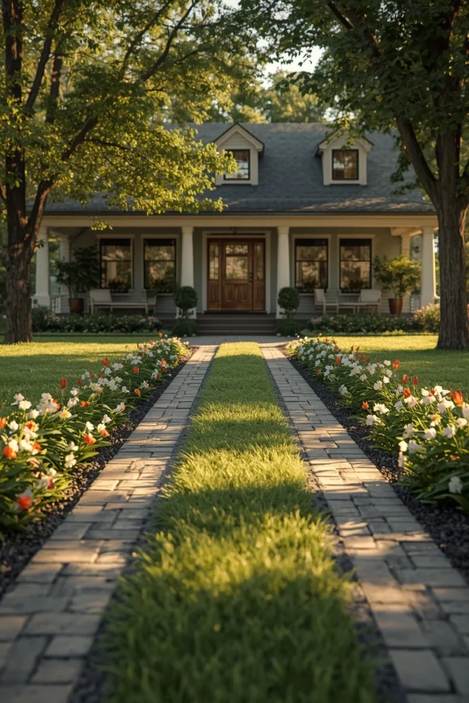cottage-style home exterior, featuring a ribbon driveway
