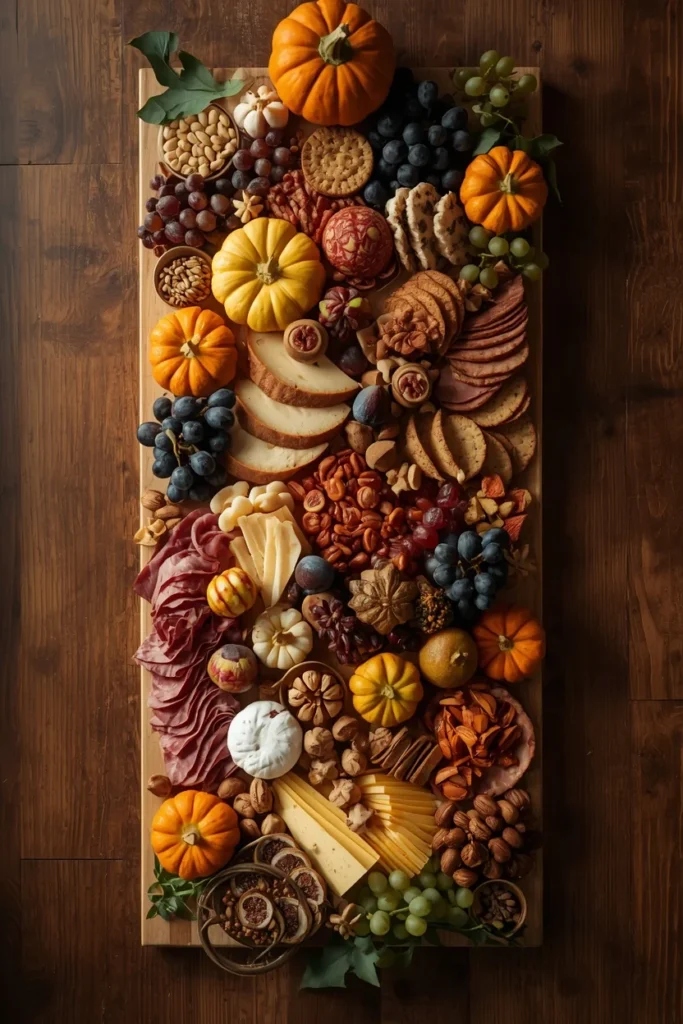 16 Fall Table Decor Ideas That Turn Every Dinner Into an Autumn Celebration 11 large charcuterie board centerpiece running down a fall dinner table,