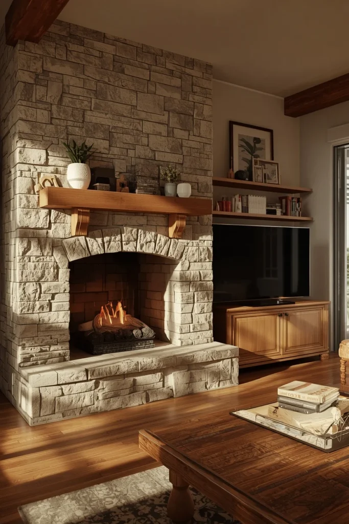 family room, featuring a stone or wood fireplace