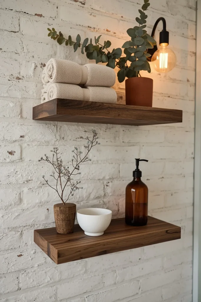 20 Farmhouse Bathroom Ideas That Are Rustic, Cozy & Utterly Gorgeous 11 Farmhouse bathroom open shelving styled to perfection