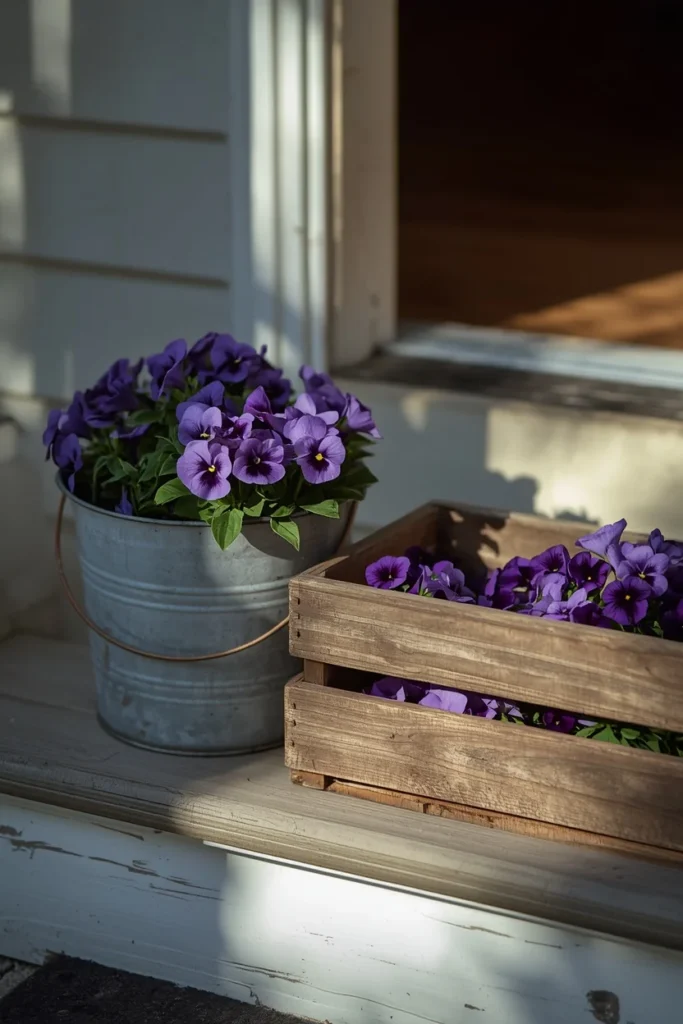 22 Front Porch Flower Ideas That Make Your Home's Entrance Bloom Beautifully 11 vintage galvanized metal bucket and a weathered wooden crate