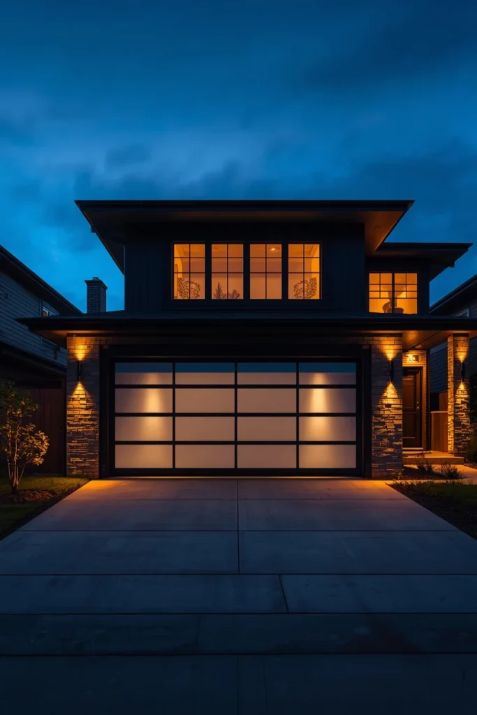 modern home exterior at dusk, featuring a frosted glass garage door 