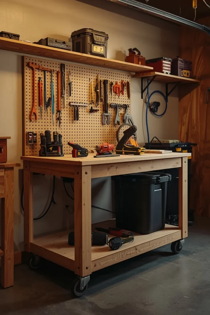 19 Garage Storage Ideas That Finally Tame the Chaos & Look Great Doing It 11 garage workshop shot, featuring a rolling plywood workbench