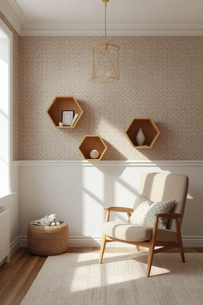 19 Gender Neutral Nursery Ideas That Are Modern, Stylish & Perfectly Timeless 11 mid-century modern nursery, featuring geometric patterned wallpaper,