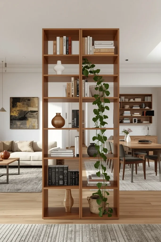 20 Genius Ways to Connect Your Living & Dining Room Seamlessly & Stylishly 11 open floor plan room, featuring a low open-backed wood bookshelf