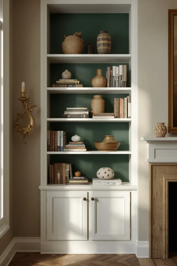 16 Green Living Room Ideas That Bring Life, Calm & Color to Any Space 11 living room built-in bookshelf, featuring rich pine green