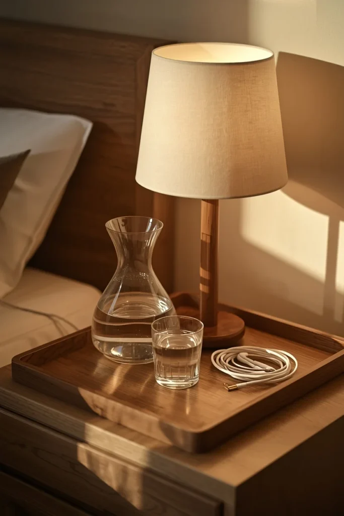 guest bedroom nightstand, featuring a glass carafe of water