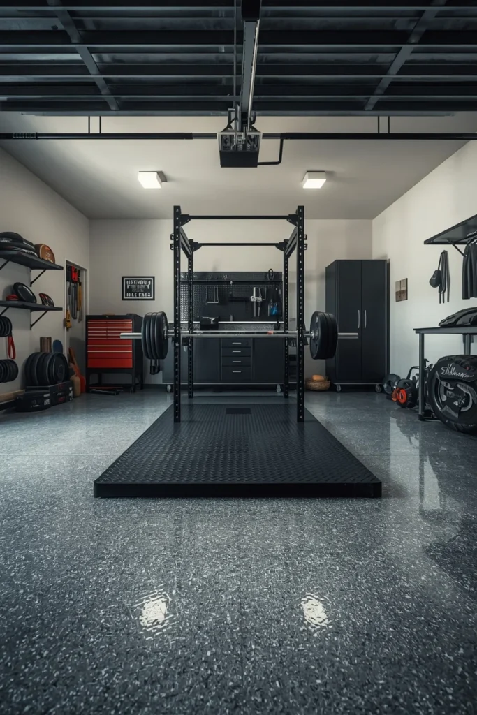 garage home gym, featuring a glossy gray epoxy floor