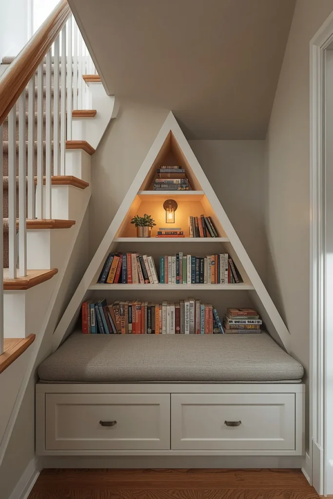 16 Home Library Aesthetic Ideas That Turn Any Corner Into a Reader's Paradise 11 under-stairs library nook, featuring triangular built-in bookshelves