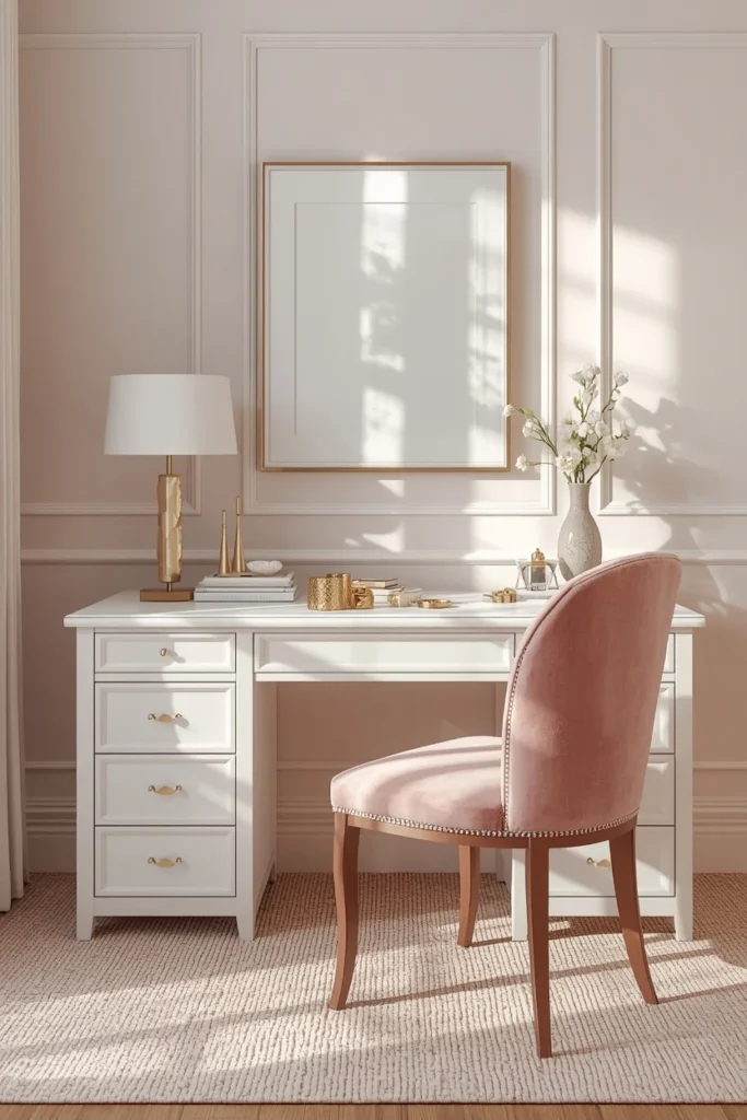feminine glam home office, featuring a white lacquer desk 