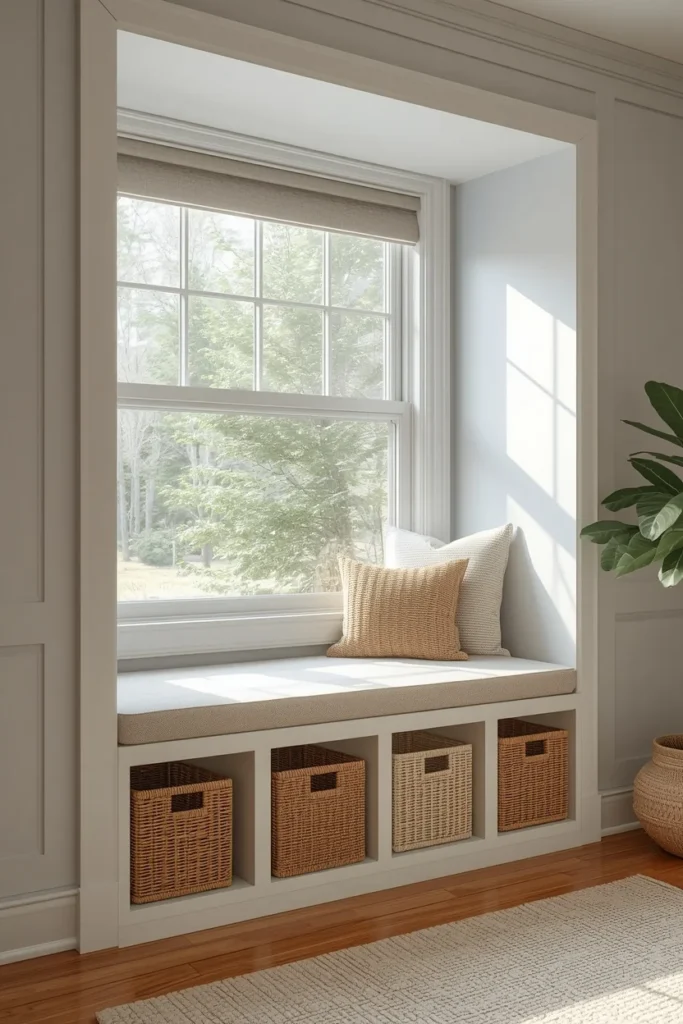 a row of IKEA KALLAX units built into a window seat