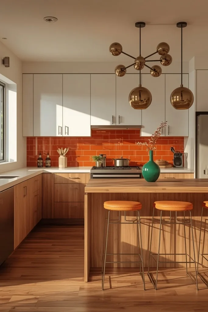 mid-century modern kitchen aesthetic, natural walnut flat-front lower cabinetry 