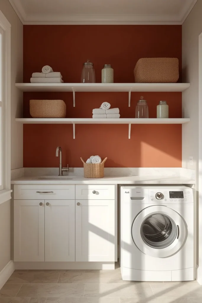 23 Laundry Room Design Ideas That Turn a Chore Space Into a Design Feature 11 laundry room accent wall, featuring a deep terracotta painted wall
