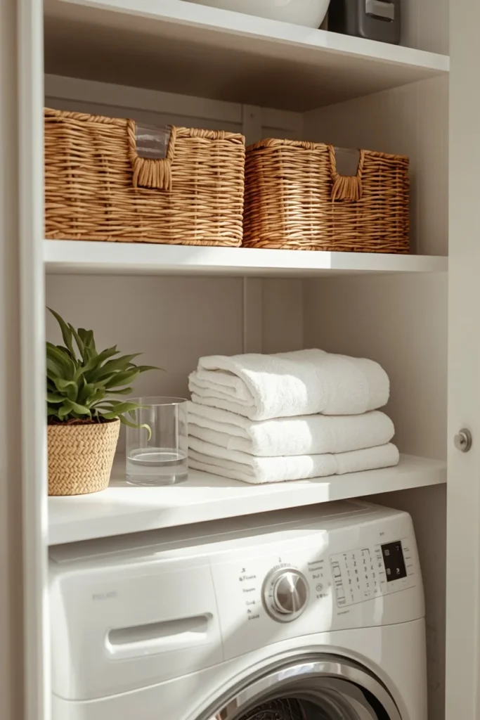 24 Laundry Room Ideas That Make the Most Dreaded Chore Actually Enjoyable 11 laundry room open shelving styled with woven rattan baskets,