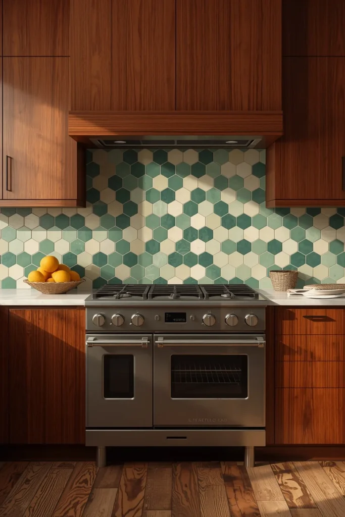 22 Mid Century Modern Kitchen Designs That Are Timeless & Stunning 10 modern kitchen, featuring a full-height geometric tile backsplash