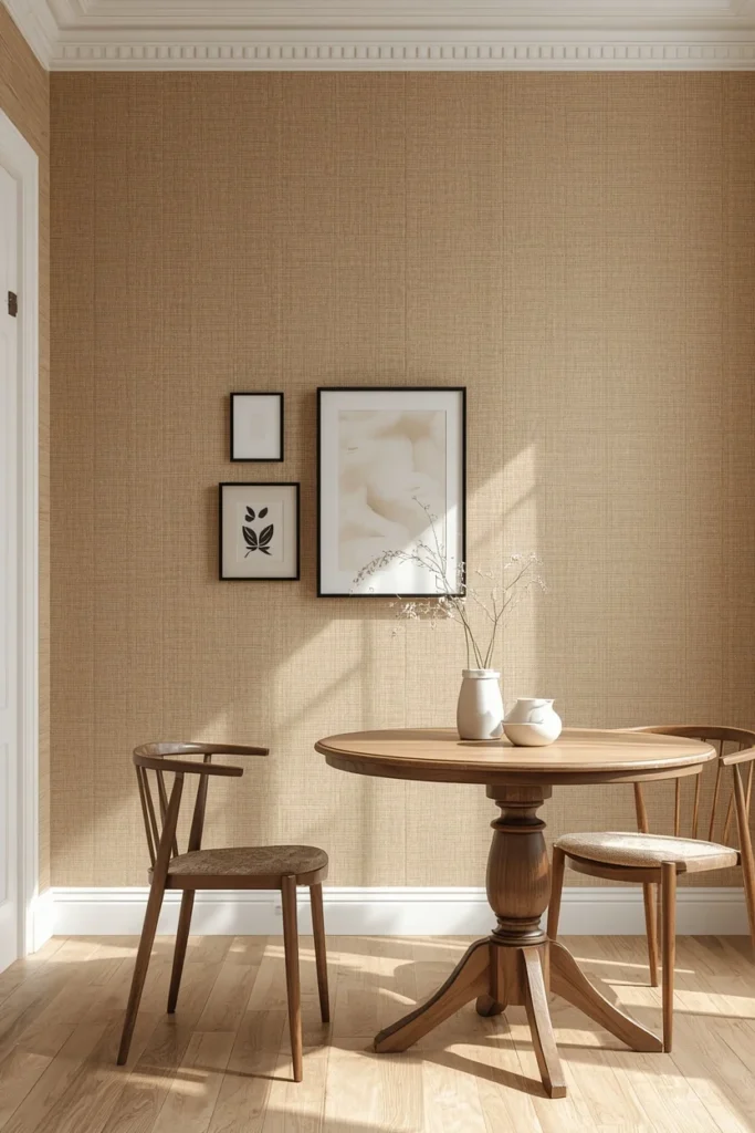25 Modern Dining Room Ideas That Are Chic, Sleek & Totally Pin-Worthy 11 dining room, featuring wheat-toned grasscloth wallcovering,