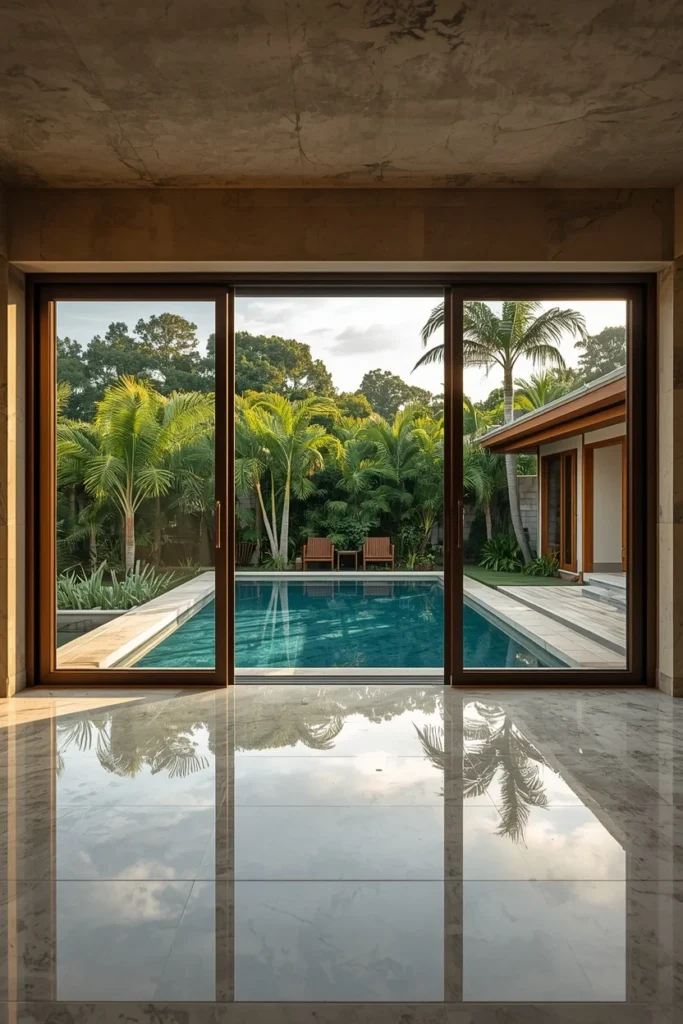 indoor-outdoor pivot pool room, massive sliding bi-fold glass doors