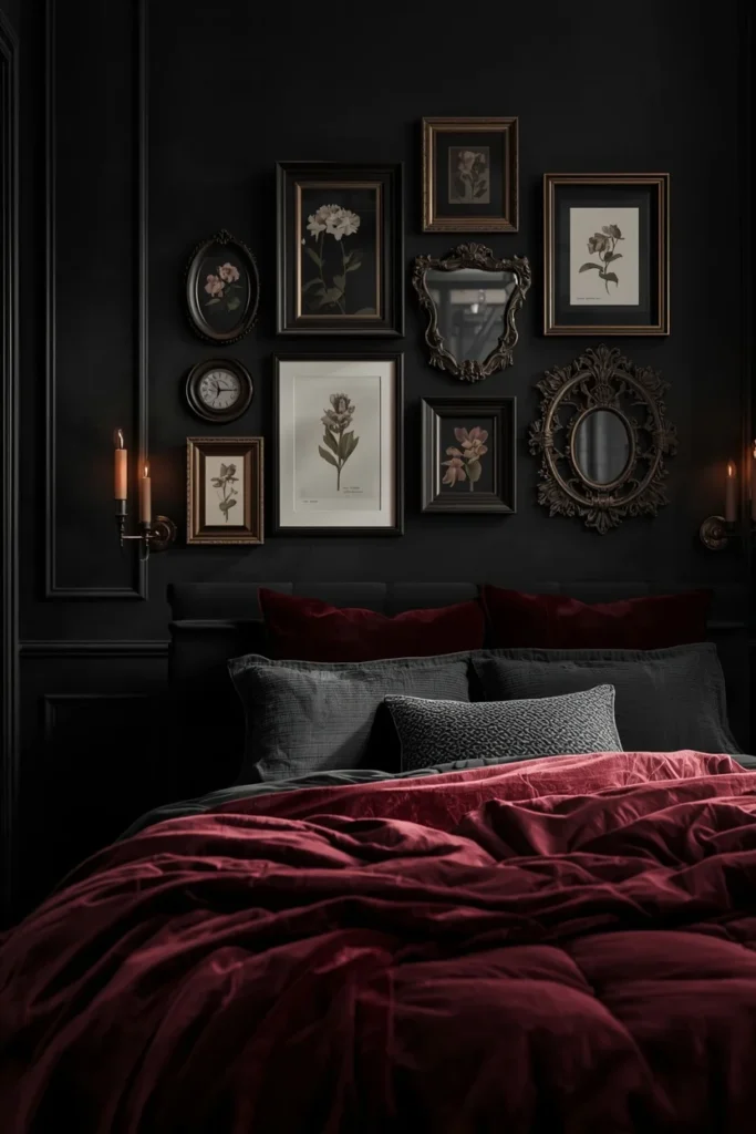 17 Moody Black Bedroom Ideas That Are Hauntingly Beautiful & Chic 11 bedroom, featuring black walls styled with a curated gallery of vintage mirrors