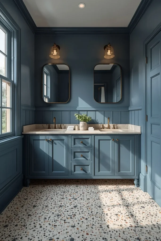 16 Moody Blue Bathroom Ideas That Feel Luxurious & Deeply Relaxing 11 bathroom, featuring slate blue painted walls