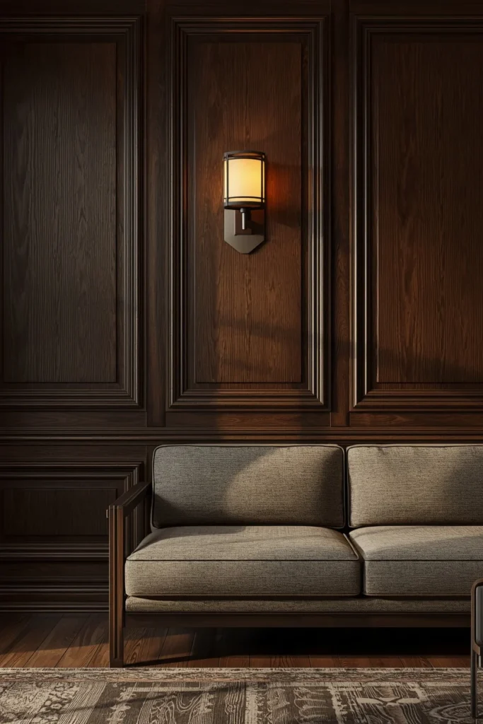 22 Moody Living Room Ideas That Are Rich, Dark & Incredibly Inviting 11 living room feature wall, featuring dark stained vertical wood paneling