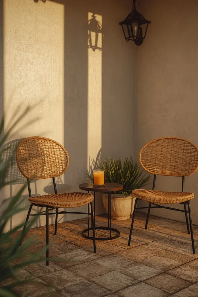 24 Outdoor Patio Furniture Ideas That Are Stylish, Comfy & Weather-Ready 11 patio corner vignette, featuring two woven rope accent chairs