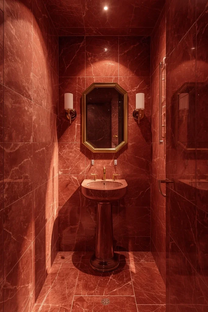 small powder room, featuring red marble covering walls, floor,