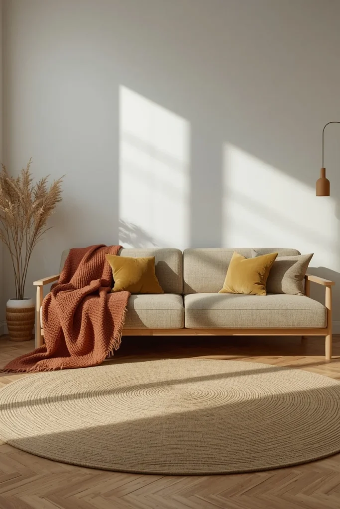 23 Rental Apartment Decor Ideas That Look Like You Actually Own the Place 11 rental living room, featuring a warm clay-toned throw blanket