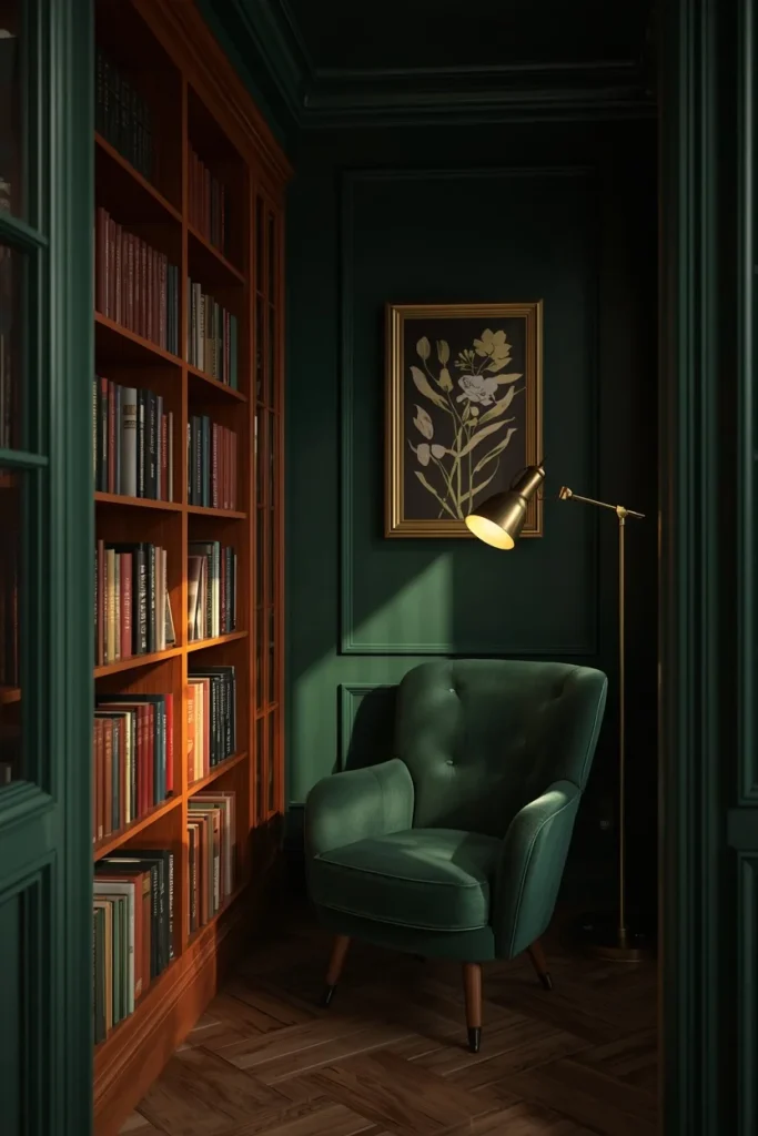  dark moody she shed library nook, featuring deep forest green walls