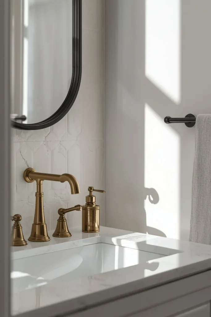 18 Small Bathroom Ideas That Pack Maximum Style Into Minimal Space 11 small bathroom close-up, featuring a brass